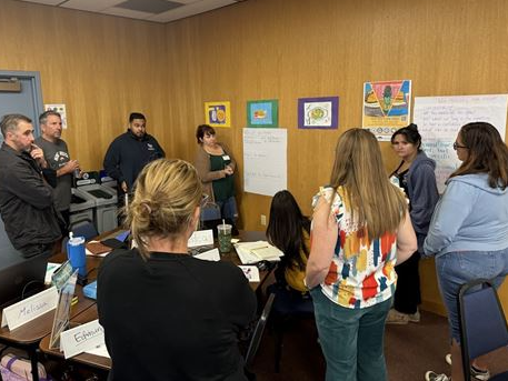 PASC Cohort discussing a poster during class. 