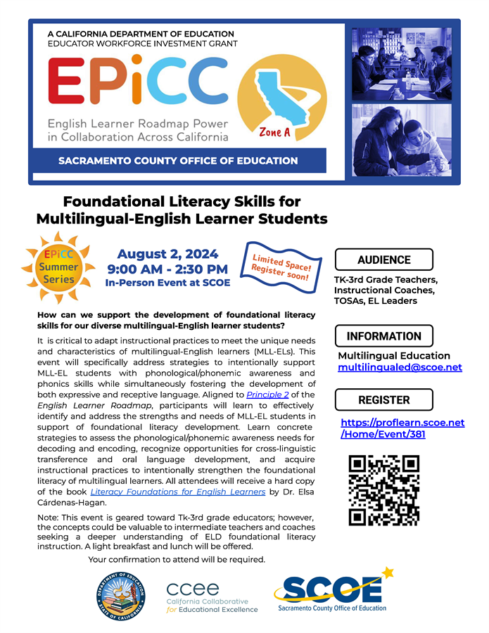 Foundational Literacy Skills for Multilingual-English Learner Students, Professional Learning, August 2nd,flyer 