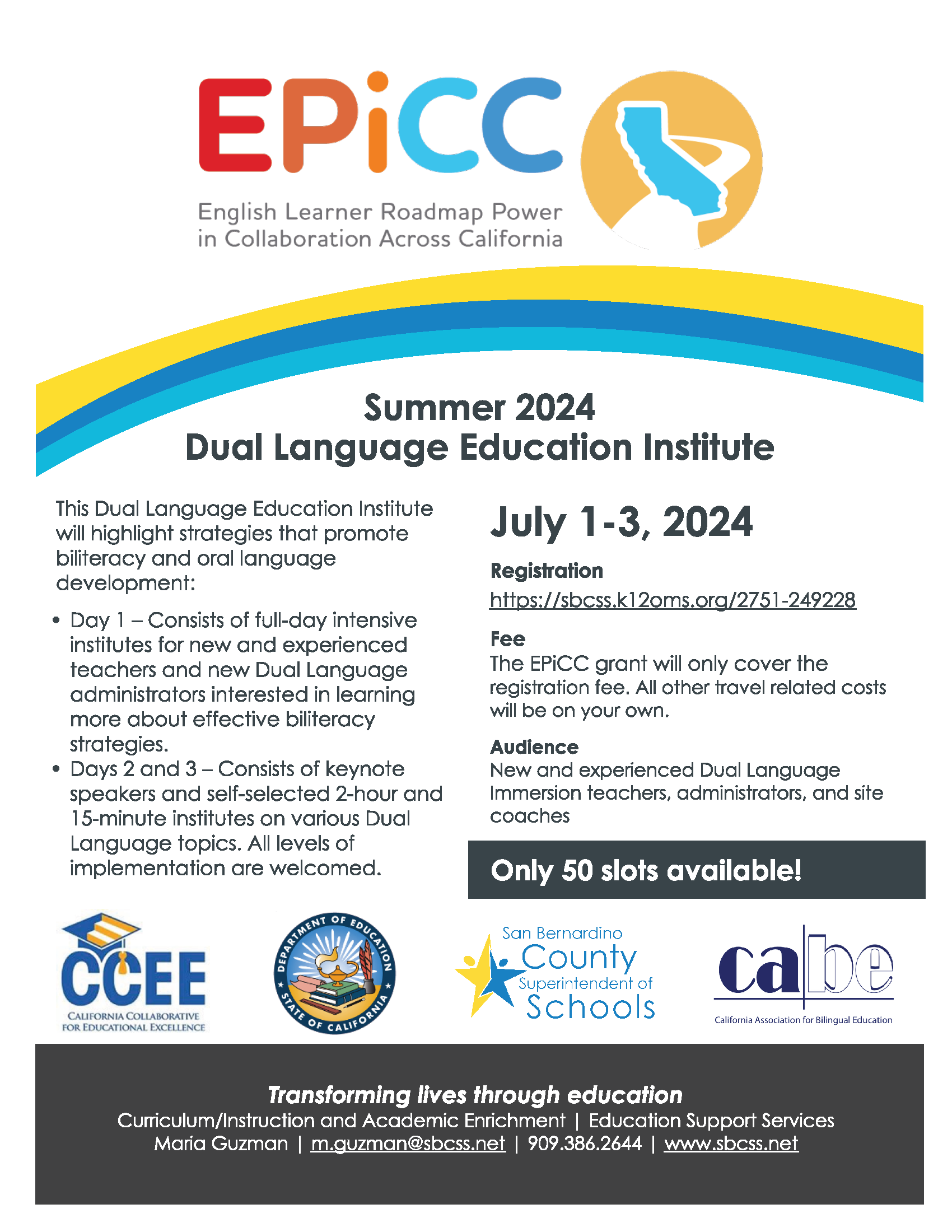 Summer 2024 Dual Language Education Institute, July 1-3, 2024 Flyer